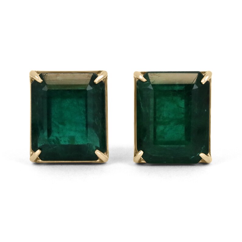 Large 18K gold emerald stud earrings with AAA Colombian emeralds, featuring a statement heirloom design and 18.04 tcw.
