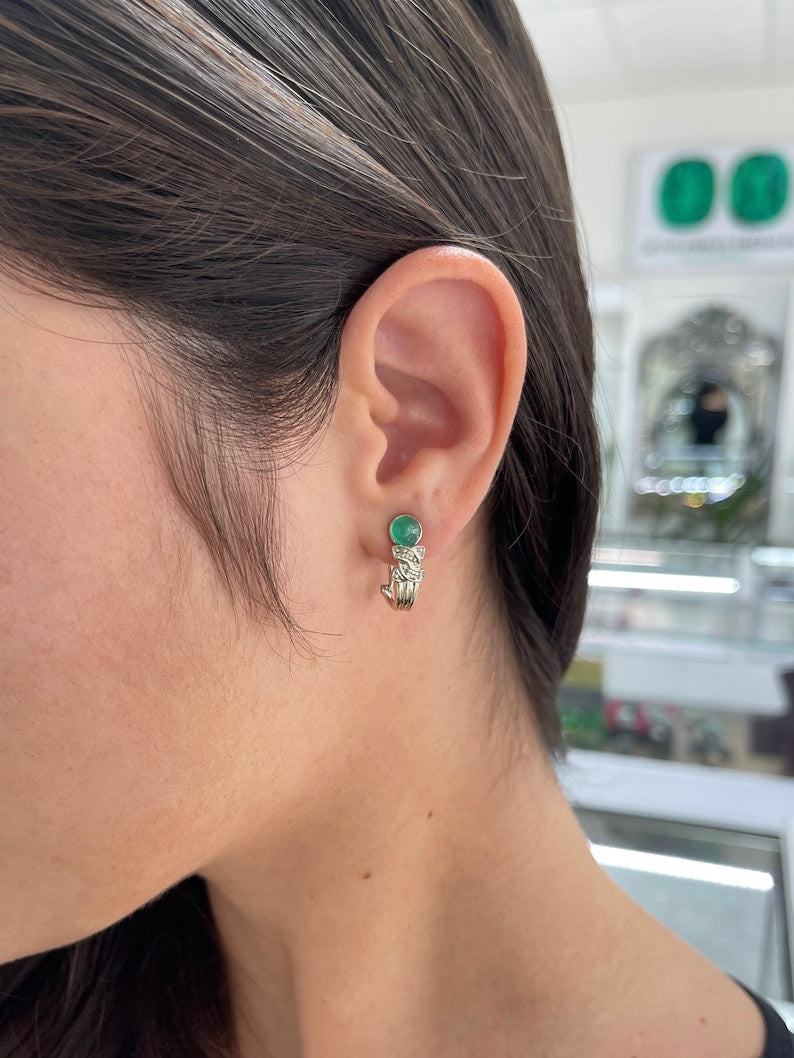 Colombian Emerald earrings with 2.01tcw emerald cabochon cut and diamond accents, featuring omega hook drop style earrings.