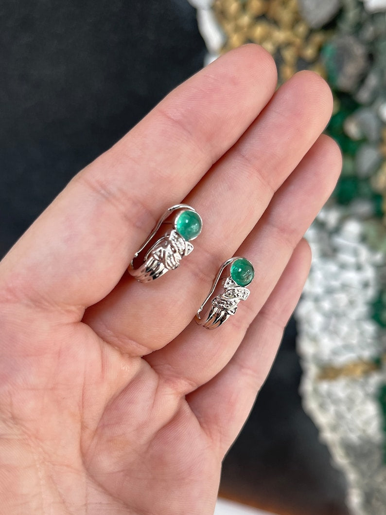 Colombian Emerald 14K gold drop earrings with cabochon emeralds and diamond accents on omega hooks, elegant jewelry accessory