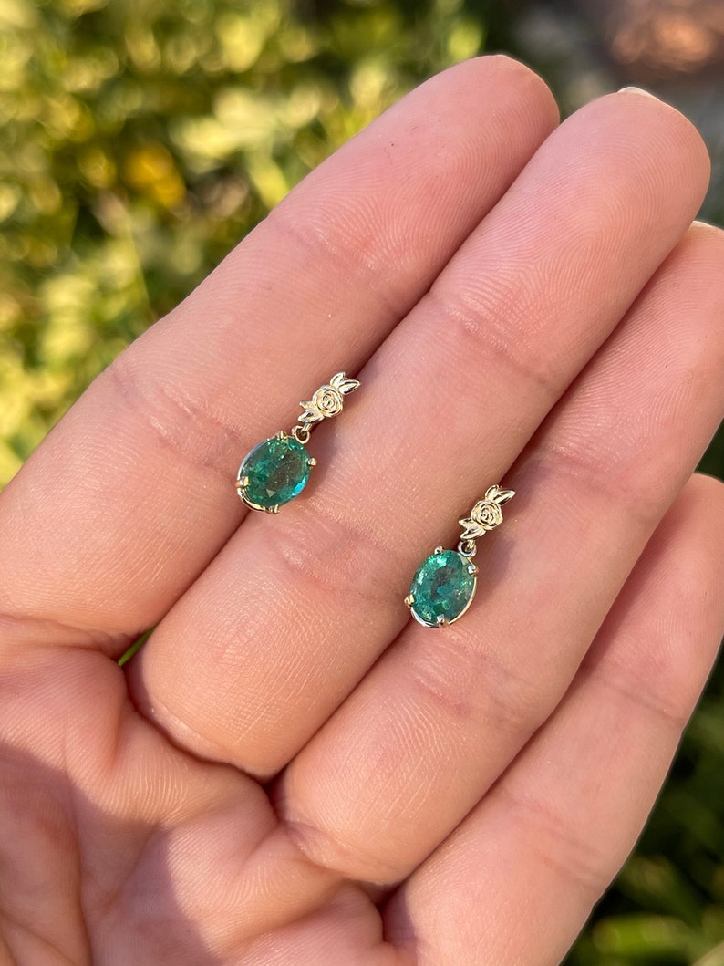 Colombian Emerald 14K gold dangle earrings with oval cut green and rose natural emeralds, floral design, jewelry accessory