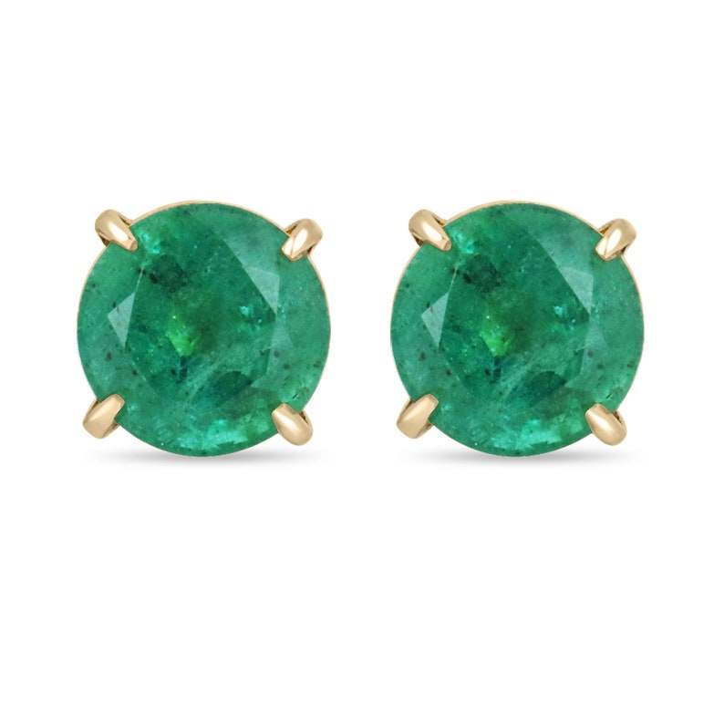 Colombian Emerald earrings with round-shaped, rich dark green natural emeralds in 14K four-prong settings.
