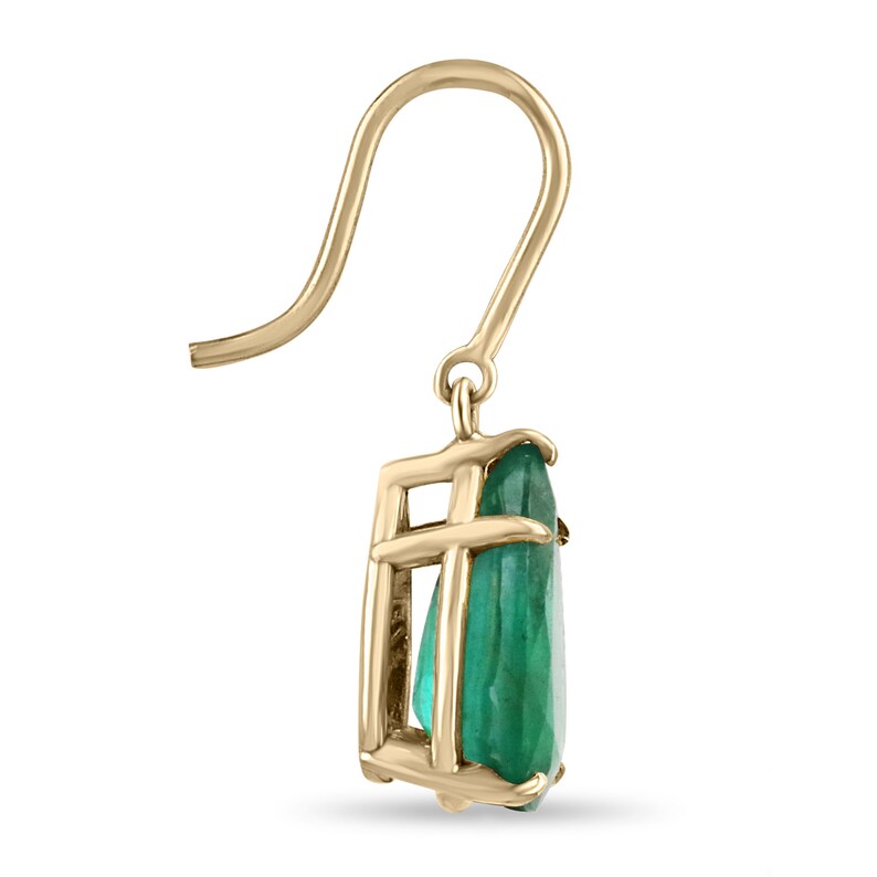 Dark green teardrop emerald earrings with 5.0tcw 18K gold hooks, featuring lush Colombian emeralds and elegant dangle design.