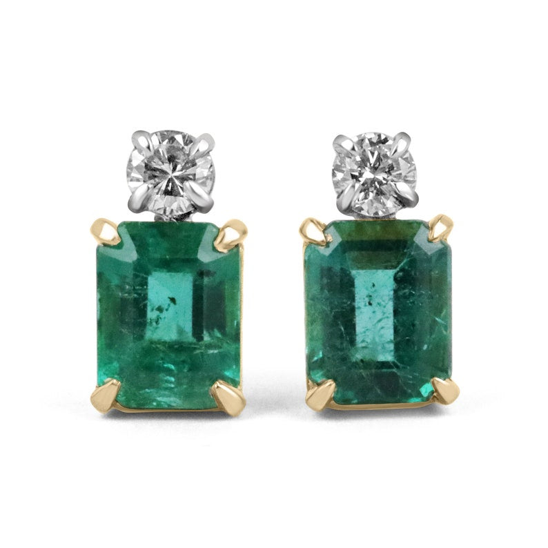 Colombian Emerald earrings featuring 7.20 tcw diamonds, natural emerald cut and round stones, two-tone gold design, vivid sea green color