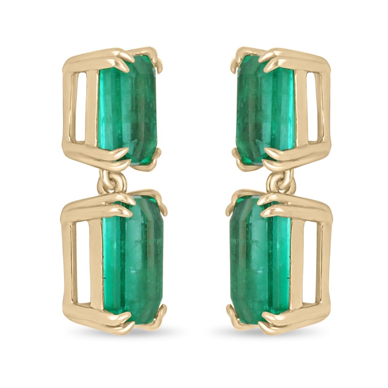 Vivid green Colombian Emerald dangle earrings in 18K yellow gold with AAA+ 8.93 tcw gemstones, designed for investment.