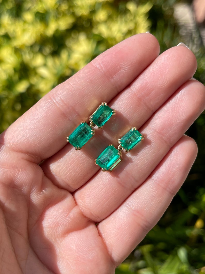 Vivid green Colombian emerald dangle earrings with 18K yellow gold, featuring AAA+ 8.93 carats total weight, from Colombian Emerald.