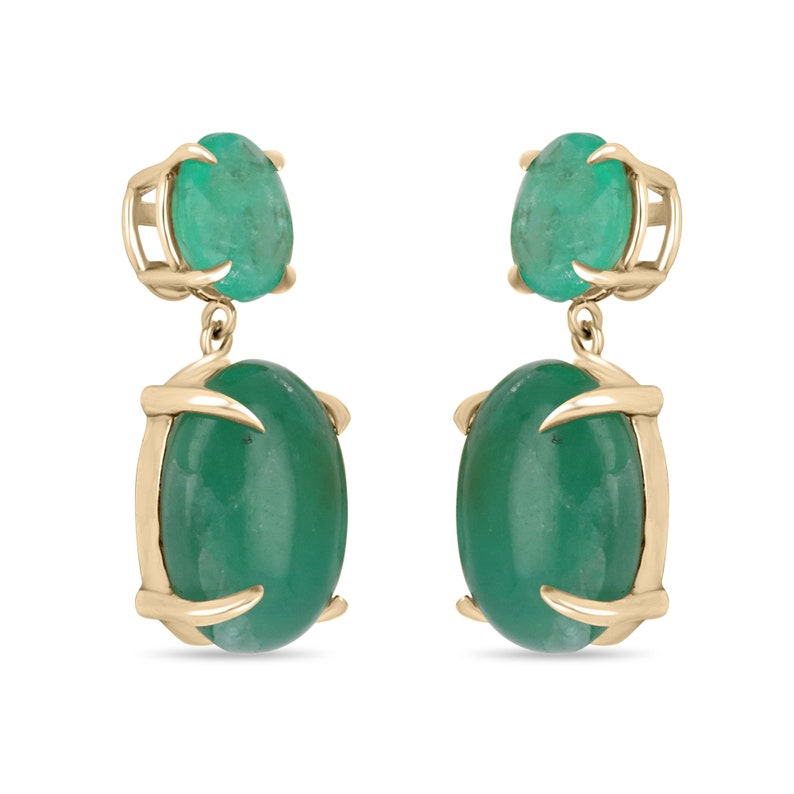 Colombian Emerald statement earrings with round and oval cut emeralds in 14K yellow gold, featuring dangle design.