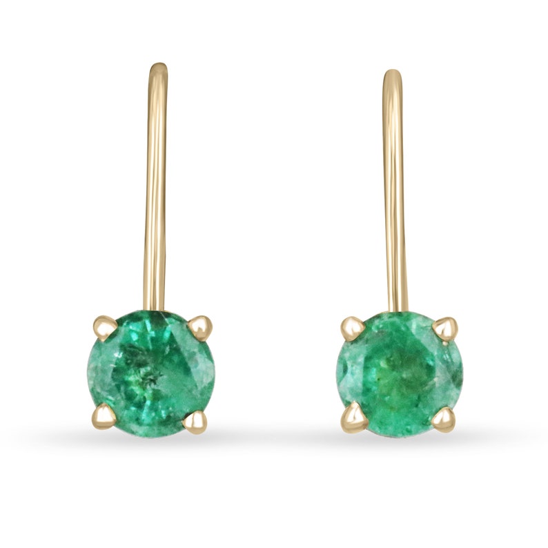 14K yellow gold round emerald leverback earrings with 0.80tcw Colombian emeralds, featuring sparkling gemstone accents.
