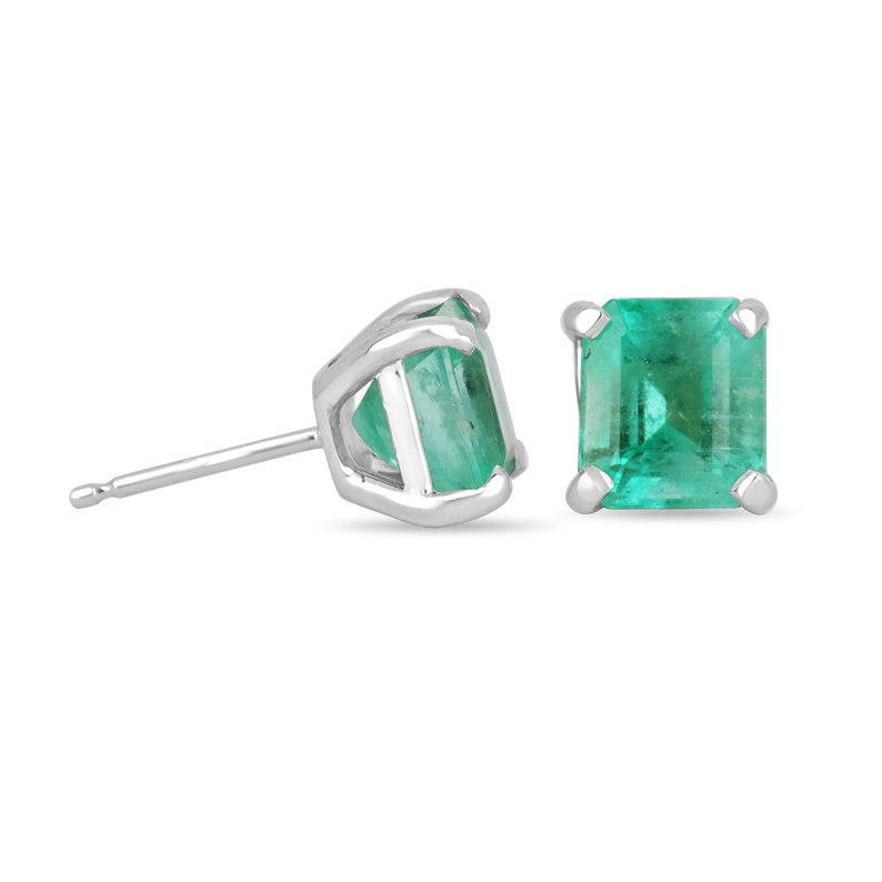 Rare blue and sea green Colombian Emerald Asscher earrings set in 14K gold, featuring vibrant, faceted emeralds.