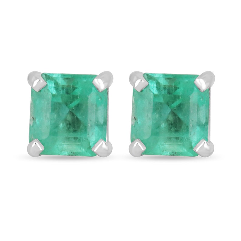 Blue and green Colombian emerald Asscher earrings with 3.58 carats, set in 14K gold, showcasing intricate gemstone cuts.
