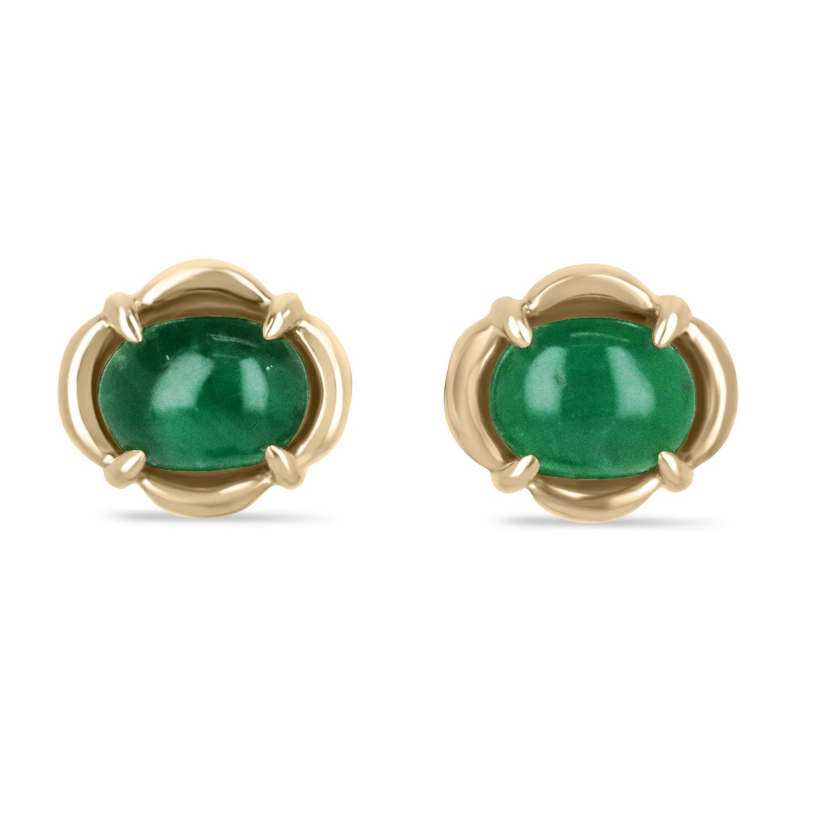 Colombian Emerald 14K gold oval-shaped cabochon stud earrings with dark green natural emeralds, May birthstone jewelry.
