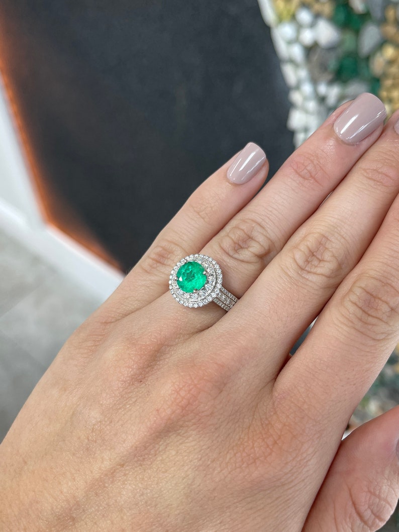 Colombian Emerald engagement ring with round emerald center stone, double diamond halo, 14K white gold, 3.52tcw.