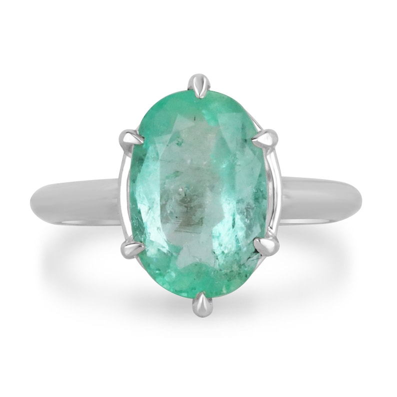 14K white gold emerald solitaire engagement ring with 3.55ct oval cut Colombian emerald and 6-prong setting