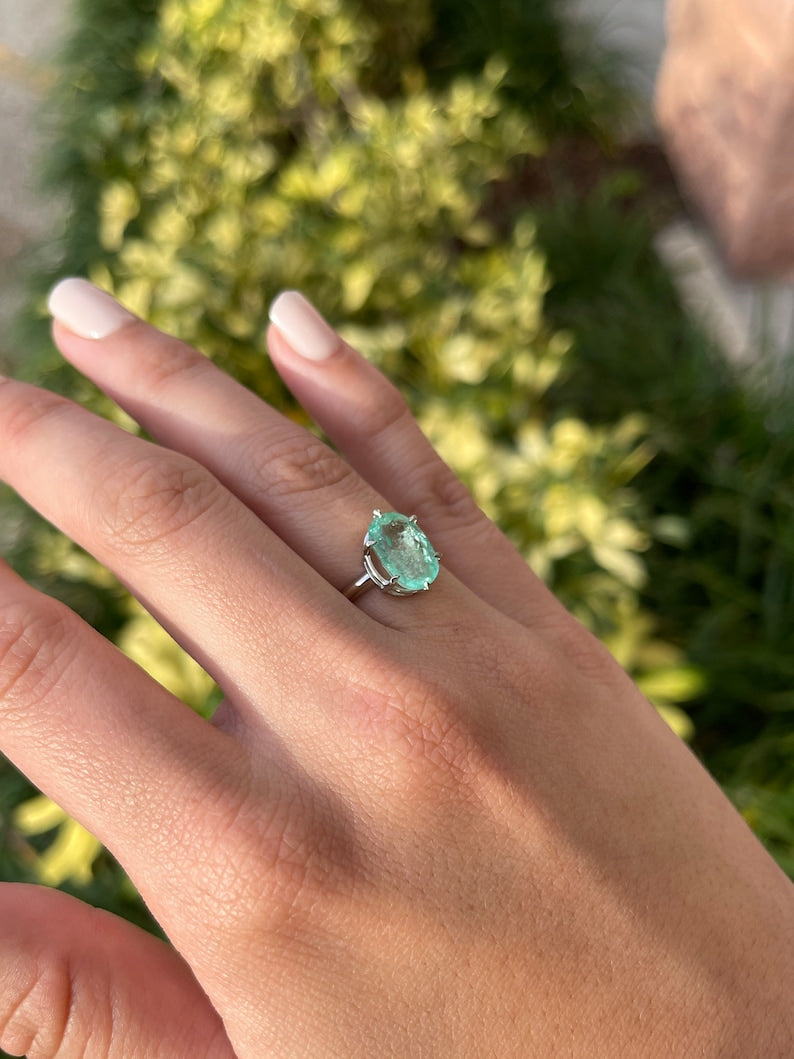 14K white gold emerald engagement ring with 3.55ct oval cut Colombian emerald and 6-prong solitaire setting