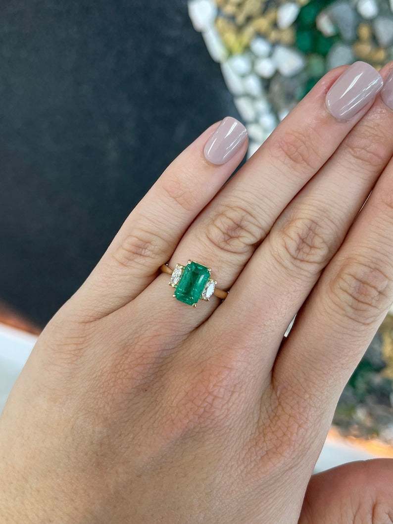 Medium bluish green emerald and diamond three-stone engagement ring with marquise cut diamonds in 14K setting by Colombian Emerald