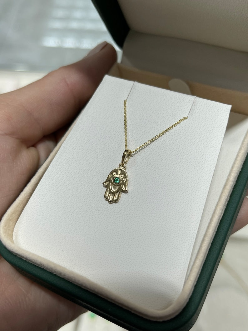 Natural 0.07-carat Colombian emerald Hamsa pendant necklace in 14K white gold, featuring Jewish and Muslim religious symbols.