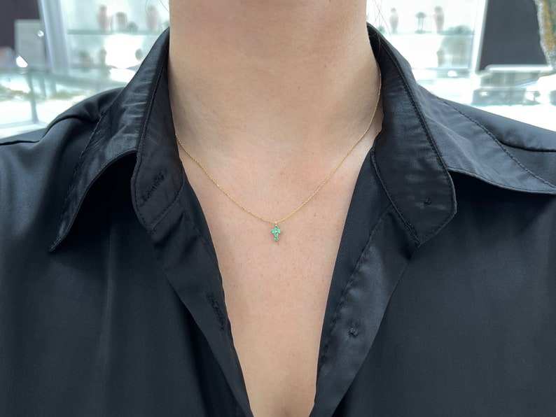 14K yellow gold child's baptism cross necklace with petite round Colombian emerald, 0.15tcw, jewelry for religious occasions