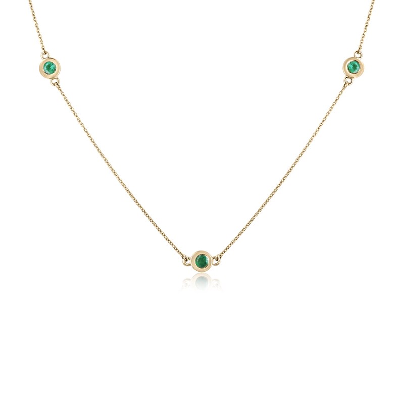 0.80tcw 14K gold necklace with natural round-cut Zambian emeralds bezel set on a delicate chain