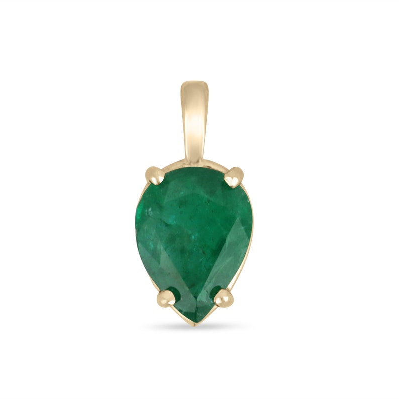Natural 1.54 carat Colombian emerald in inverted pear cut solitaire pendant on 14K chain, showcasing vibrant green gemstone.