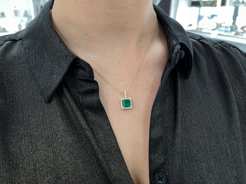 3.15tcw 14K Deep Green Princess Asscher Cut Emerald & Diamond Halo