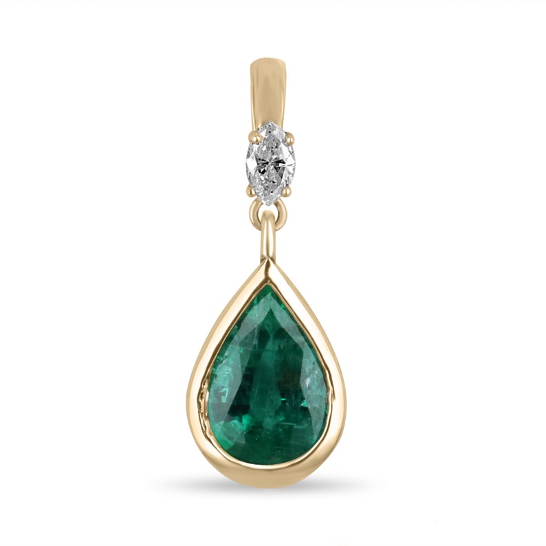 14K gold teardrop pendant necklace with natural pear cut emerald and marquise diamond accents, Colombian Emerald brand.