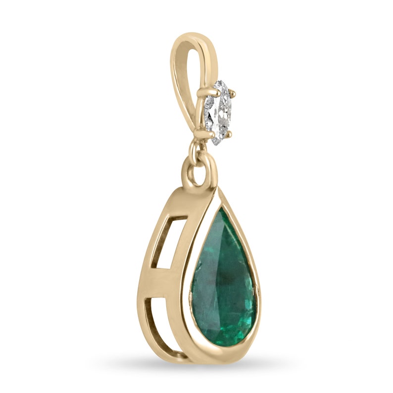 Colombian Emerald teardrop pendant necklace with pear-cut emerald and marquise diamond accents, 14K gold bezel setting.