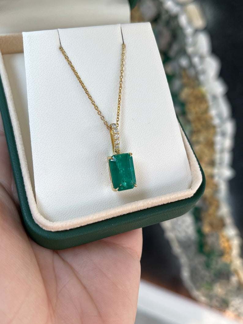 6.05tcw 18K Gold Natural Emerald Solitaire Diamond Accent Bale Necklace - JR Colombian Emeralds