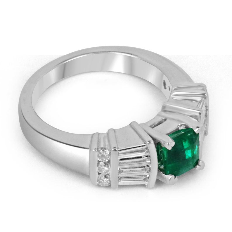 Vivid dark green AAA emerald Asscher cut engagement ring with diamond accents in platinum, by Colombian Emerald.