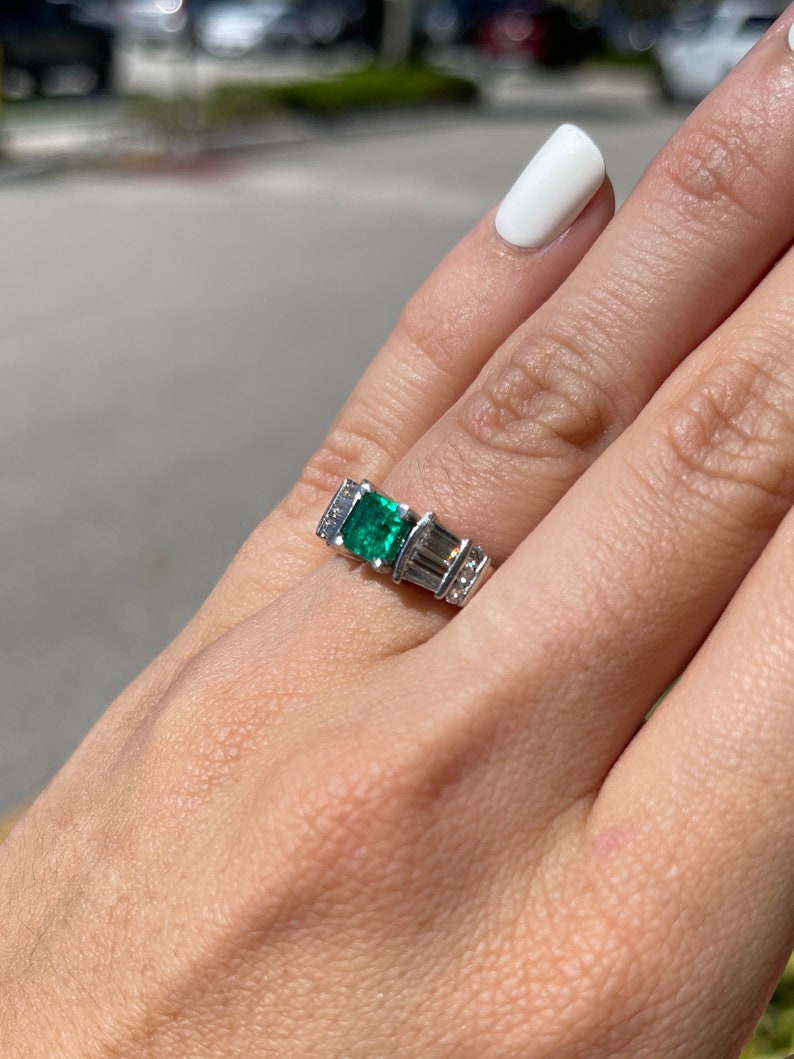 AAA fine quality dark green emerald Asscher cut engagement ring with diamond accents in platinum setting by Colombian Emerald