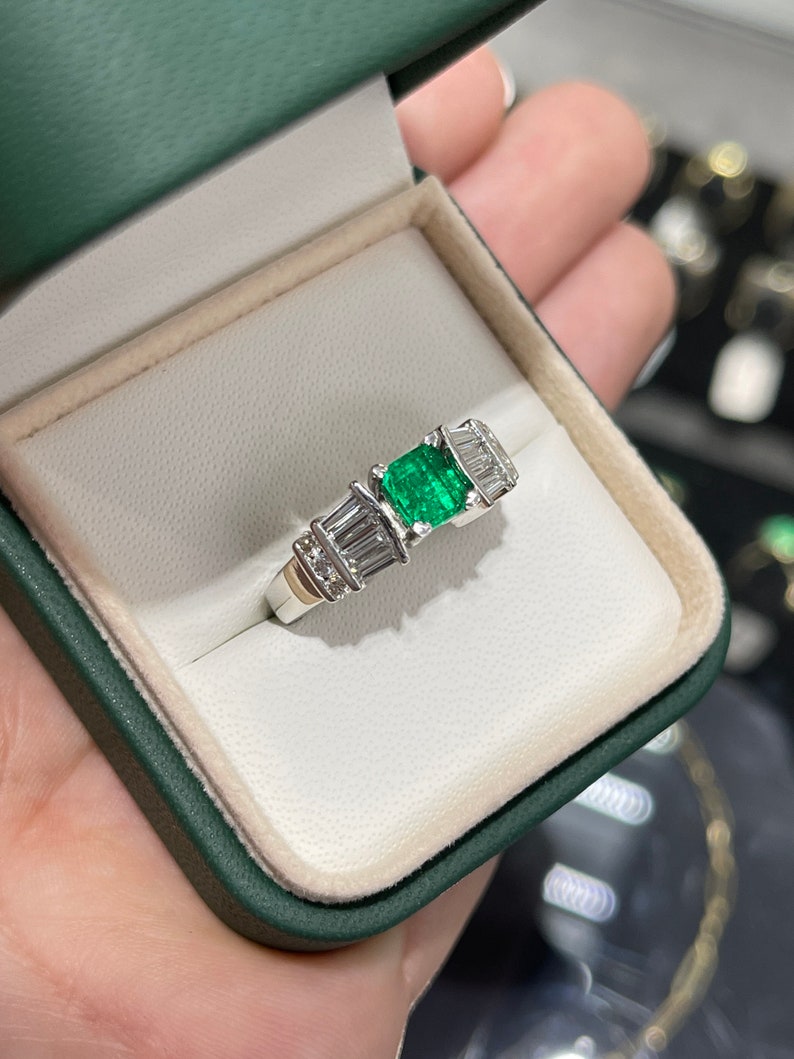 AAA fine quality vivid dark green emerald Asscher cut engagement ring with diamond accents in platinum by Colombian Emerald