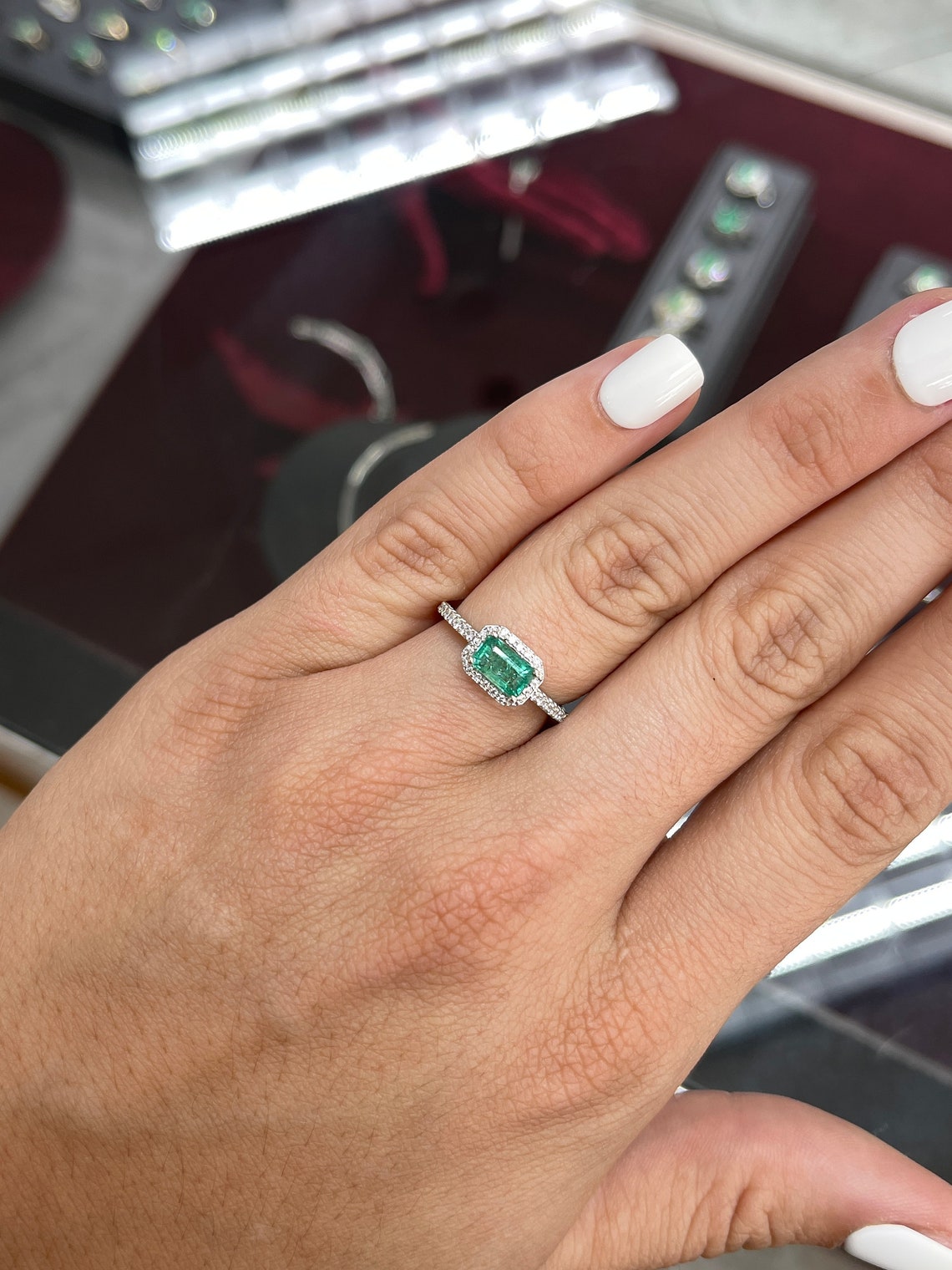 14K natural emerald cut engagement ring with diamond halo, 1.25tcw from Colombian Emerald, elegant and detailed jewelry design