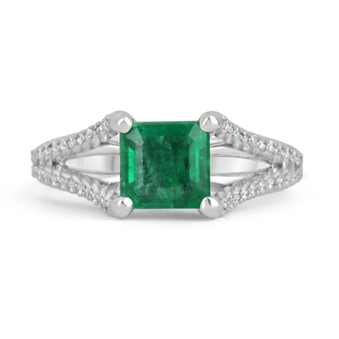 Dark vivid green asscher cut emerald and diamond split shank engagement ring in 14K gold by Colombian Emerald.