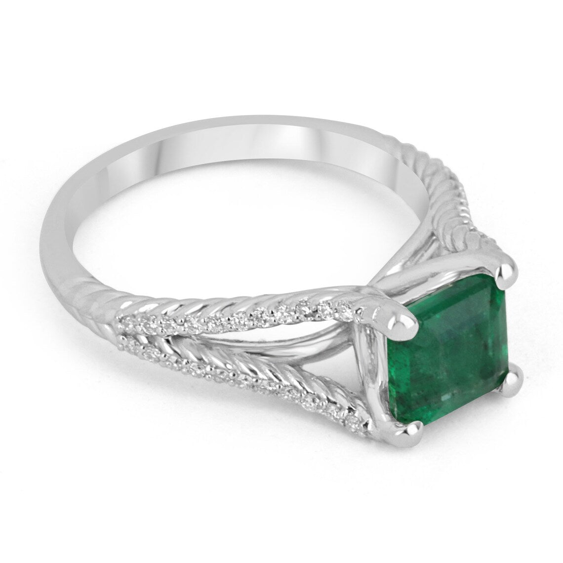 Dark vivid green Asscher cut emerald and diamond split shank engagement ring in 14K gold by Colombian Emerald.