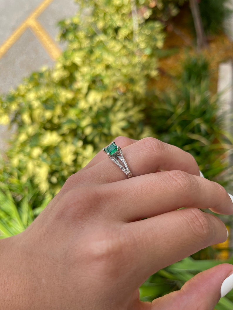 Dark vivid green asscher cut emerald and diamond split shank engagement ring in 14K gold by Colombian Emerald.