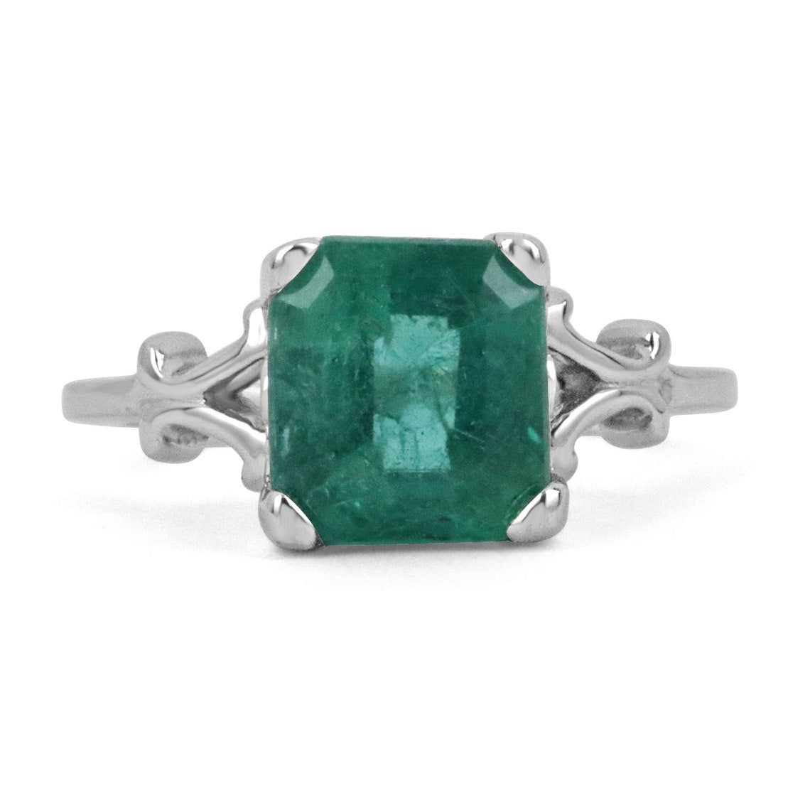 14K white gold engagement ring featuring a 3.25ct blue-green Asscher cut emerald with vintage scroll design by Colombian Emerald