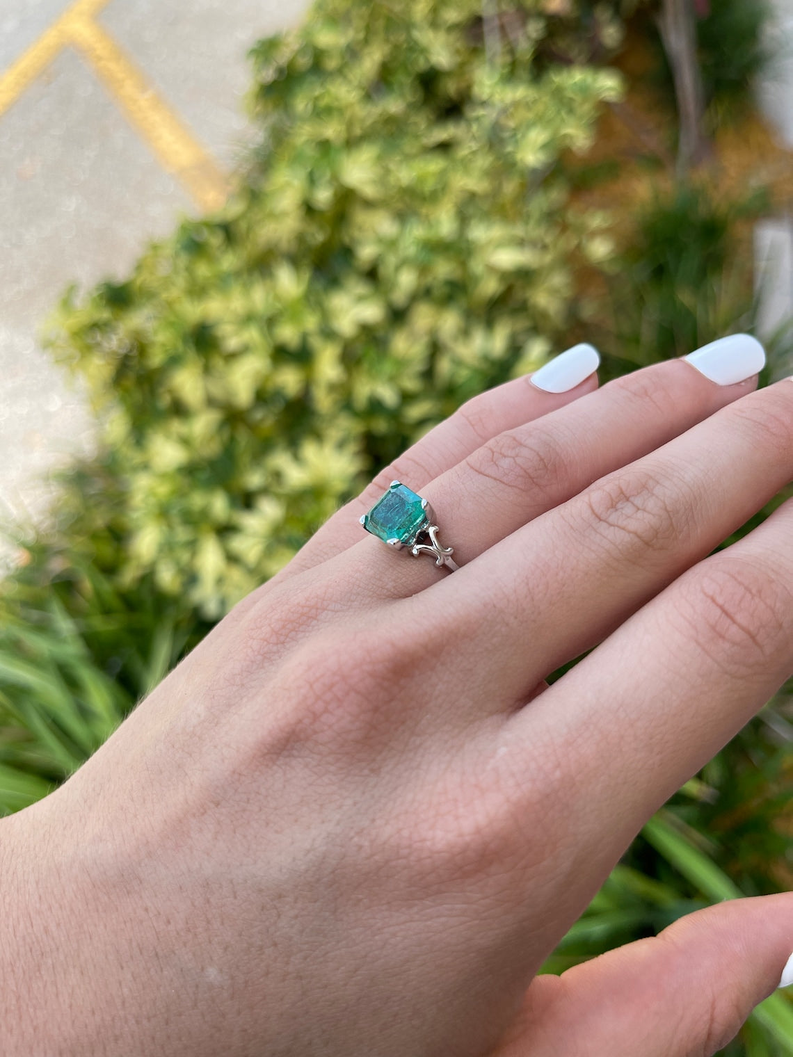 14K white gold engagement ring with a 3.25ct rare blue-green Asscher cut emerald and vintage scroll design by Colombian Emerald