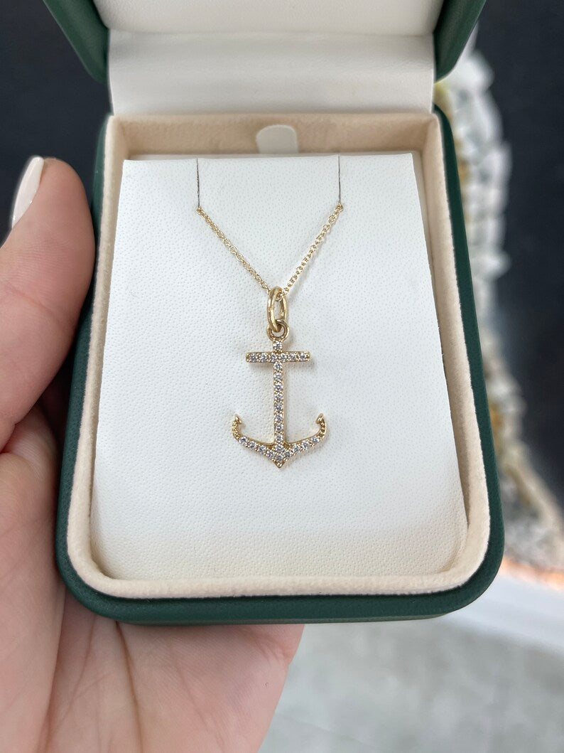 14K gold ocean lover necklace with 0.45tcw natural iced out anchor cut pave diamonds, from Colombian Emerald gemstone jewelry.