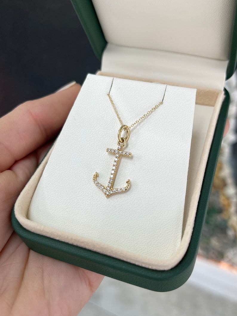 14K gold ocean lover necklace with 0.45tcw iced out anchor cut pave diamonds by Colombian Emerald, gemstone pendant jewelry