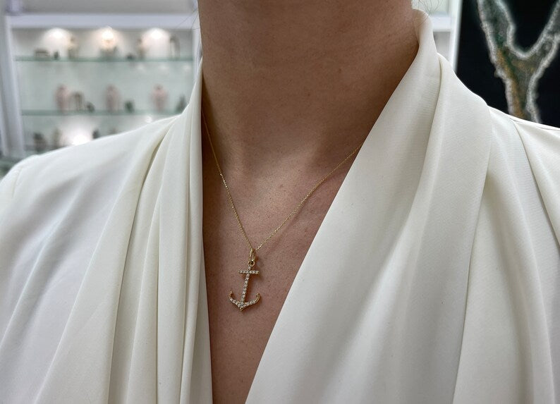 14K gold ocean lover necklace with 0.45tcw iced out anchor cut pave diamonds by Colombian Emerald, gemstone pendant jewelry