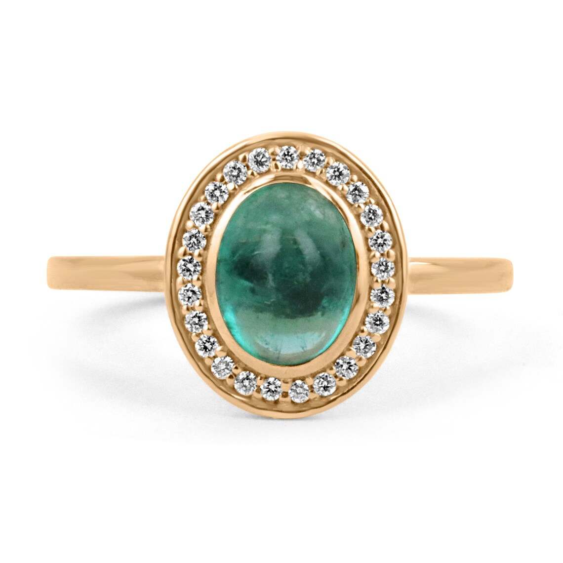 Colombian emerald oval cabochon ring with diamond pave halo, featuring a contemporary design and 1.45tcw of real emeralds for ladies.