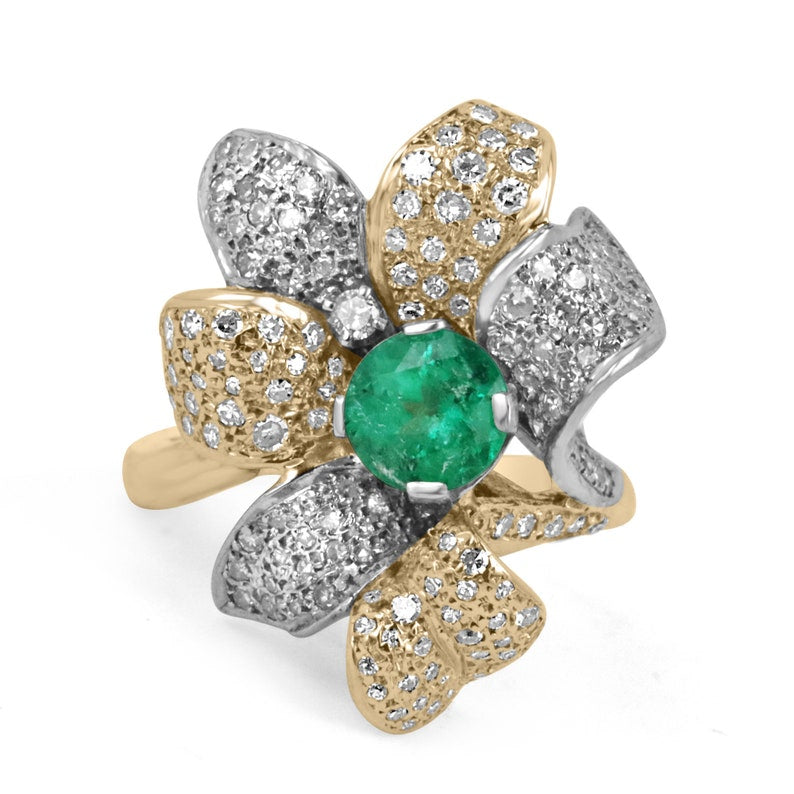 Ladies Colombian Emerald and Diamond statement ring with 1.75ctw round cut cluster floral design in 14K gold.