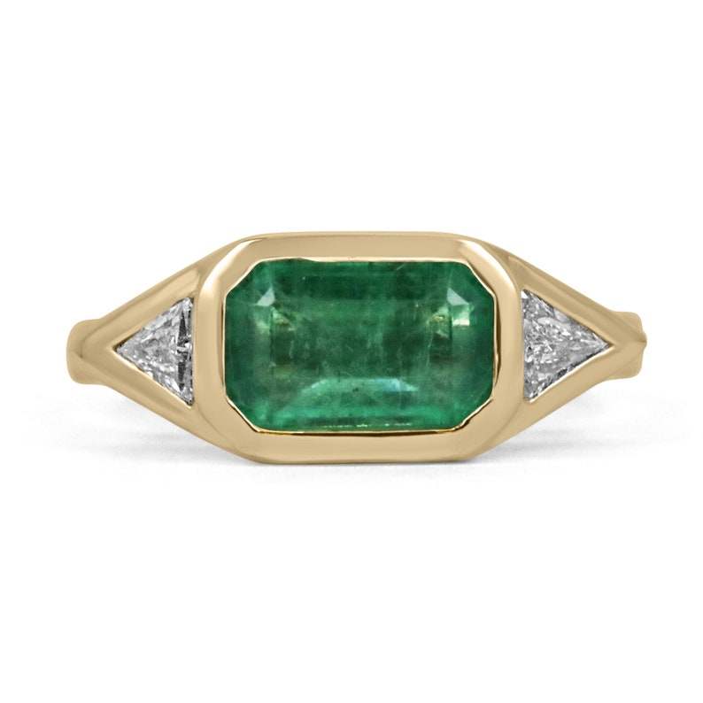 2.62tcw Three Stone East-West Natural Emerald & Trillion Cut Diamond R