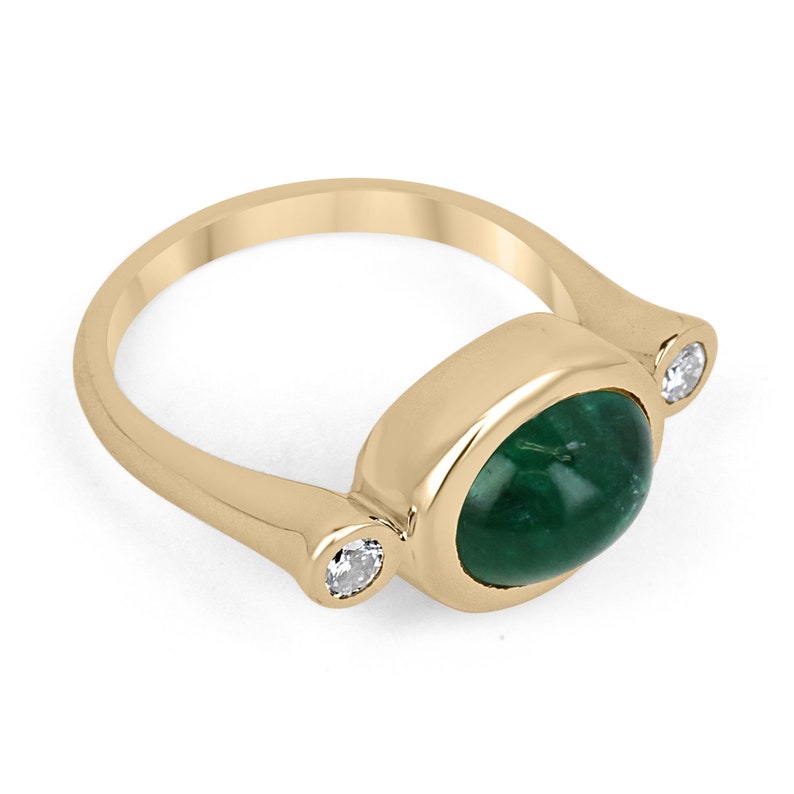 Ladies Colombian Emerald ring with 4.50tcw oval dark green emerald cabochon and diamond accents in 14K gold.