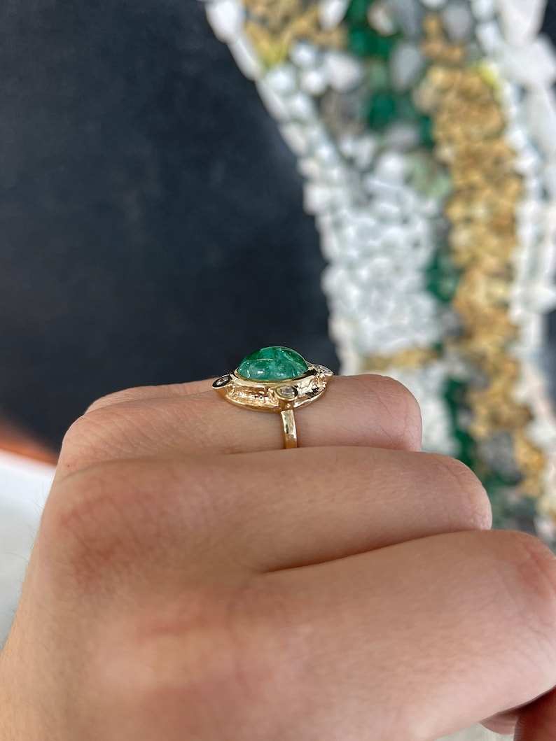 5.45tcw 14K Rare Oval Cabochon Cut Medium Bluish Green Vintage Styled Emerald & Diamond Accent Ring - JR Colombian Emeralds