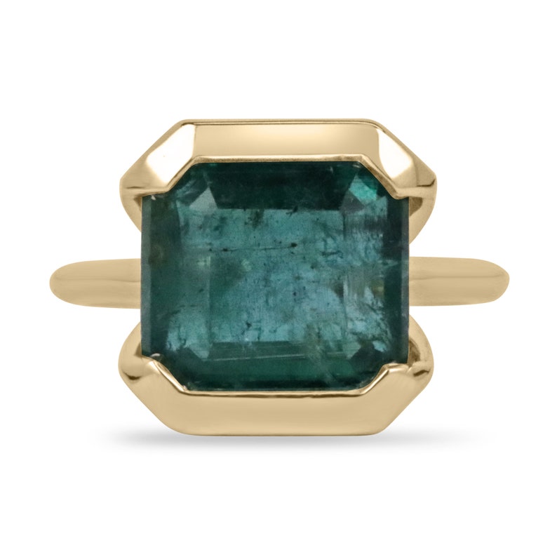 6.63ct deep sea bluish-green Asscher cut emerald solitaire ring in 14K yellow gold
