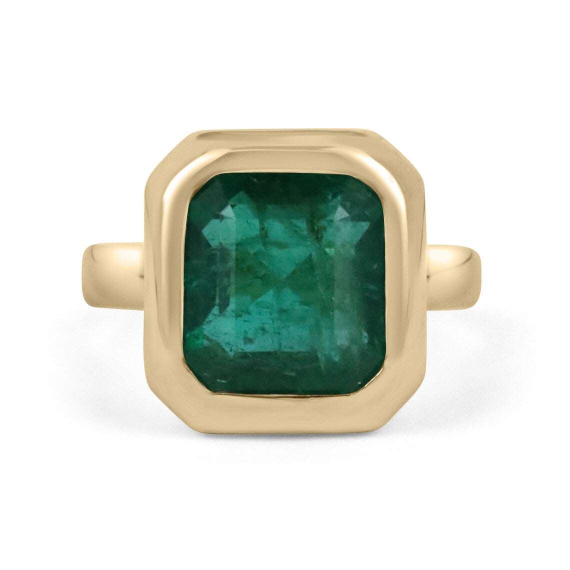 7.58ct 18K yellow gold bezel set natural emerald Asscher cut statement ring