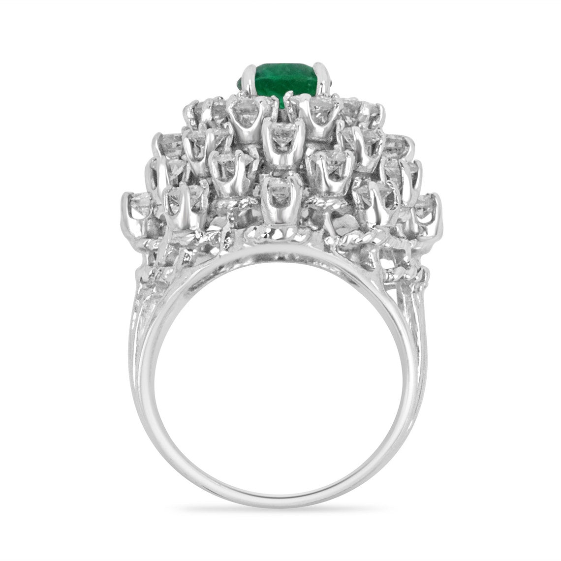 Colombian Emerald cluster 5.0tcw 14K white gold vintage cocktail ring featuring cushion-cut emeralds and diamonds for ladies