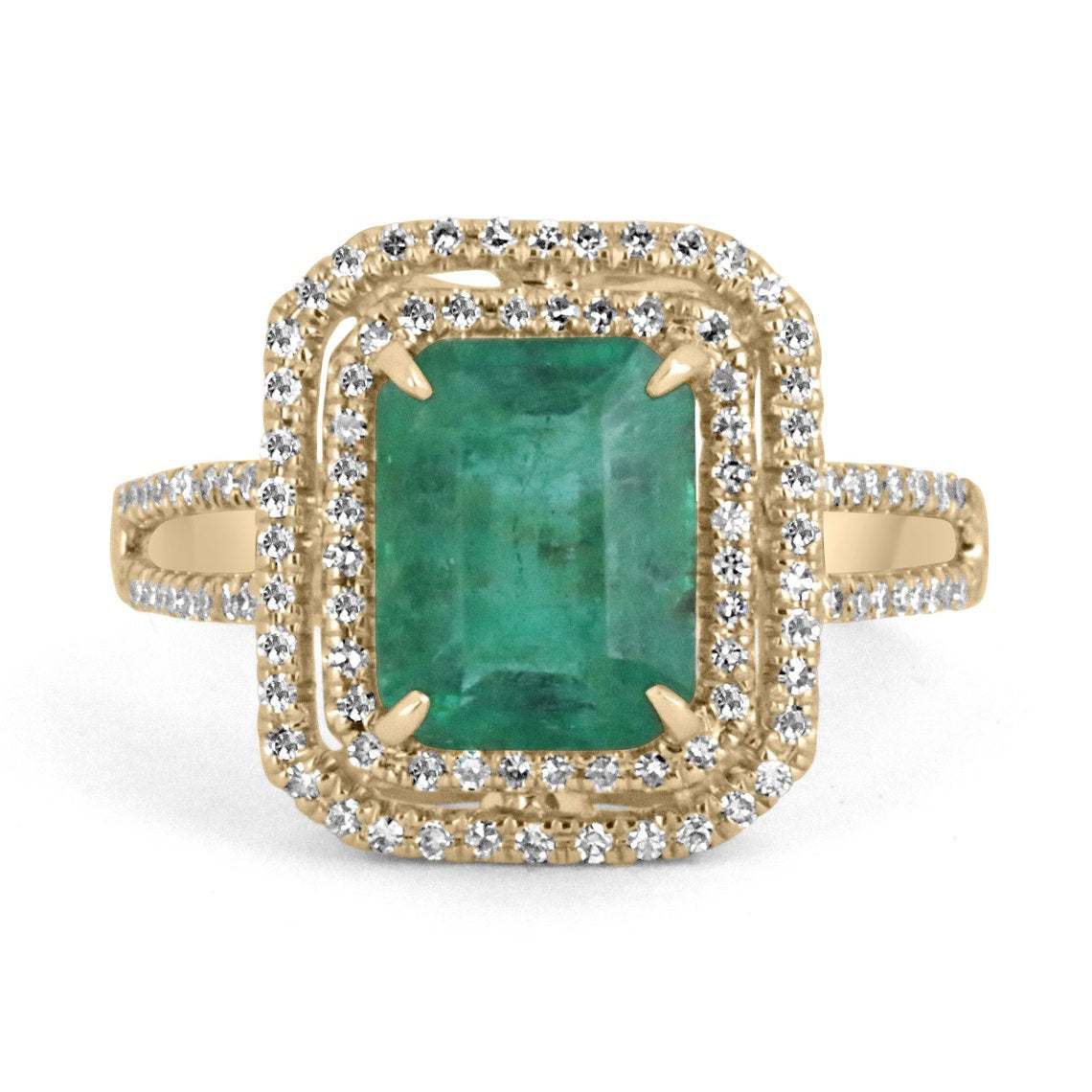 3.37tcw 14K Medium Green Real Emerald Cut & Diamond Double Halo Yellow