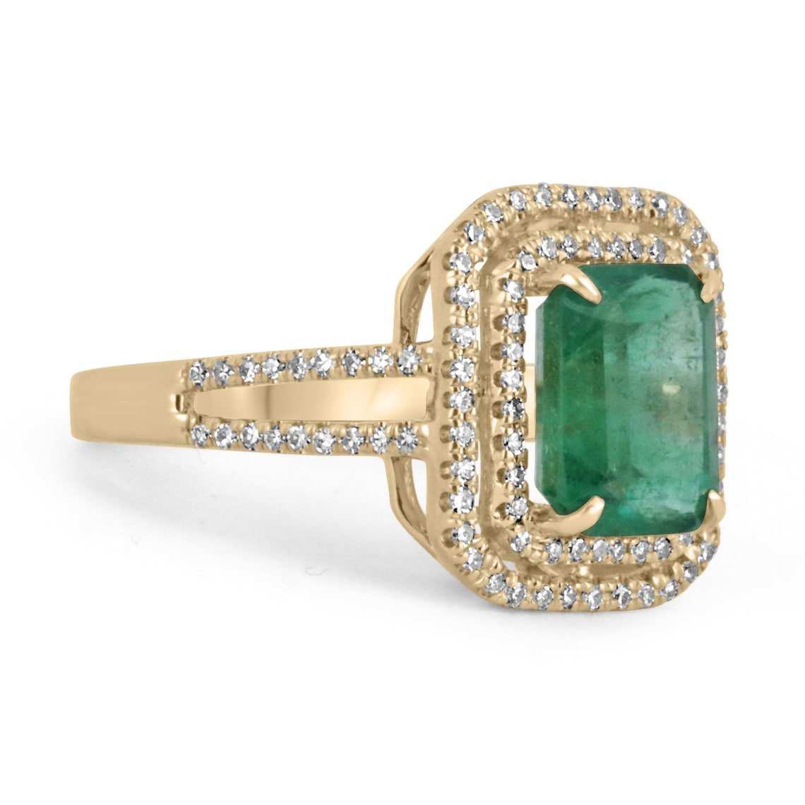 3.37tcw 14K Medium Green Real Emerald Cut & Diamond Double Halo Yellow