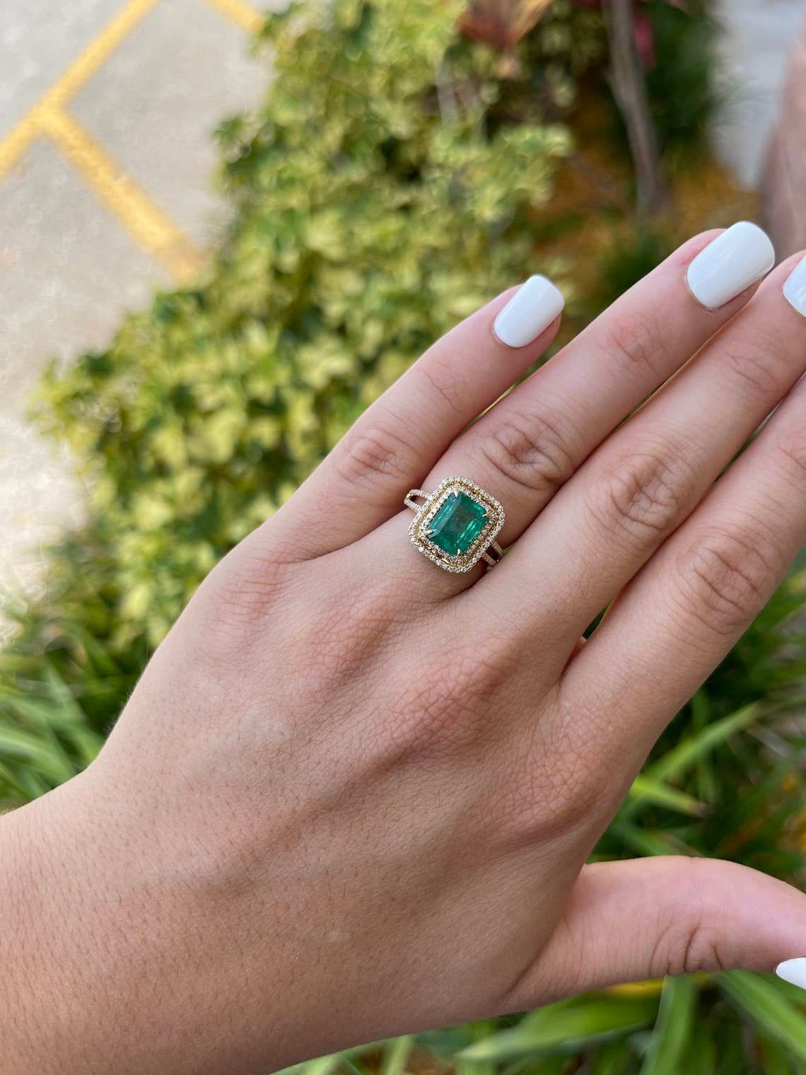3.37tcw 14K Medium Green Real Emerald Cut & Diamond Double Halo Yellow