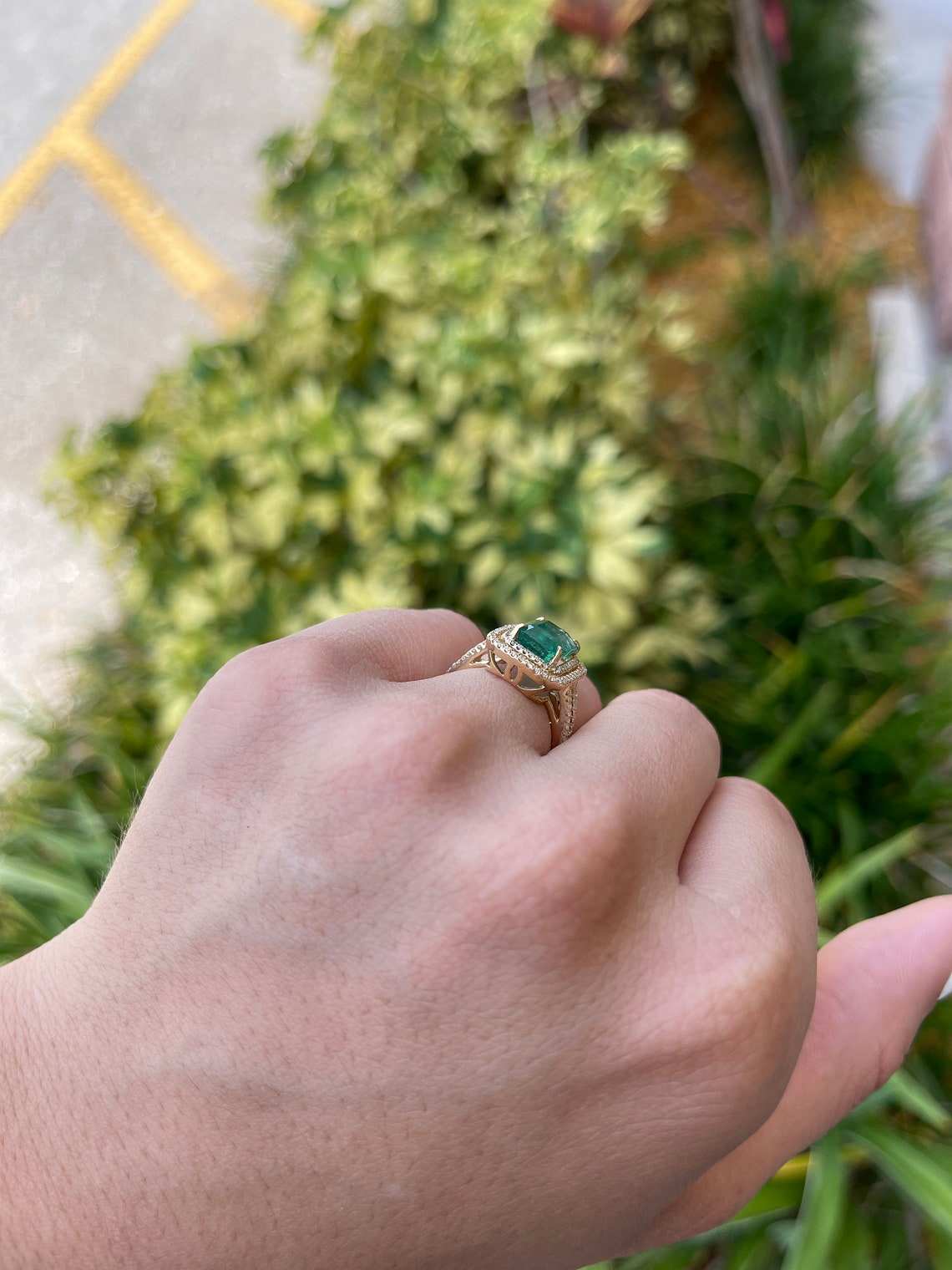 3.37tcw 14K Medium Green Real Emerald Cut & Diamond Double Halo Yellow